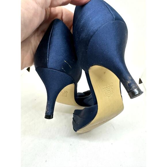 NINA Culver Satin Navy Asymmetric d'Orsay Cut Out Side Peep Dress Pump Heels 6.5 - Picture 6 of 9